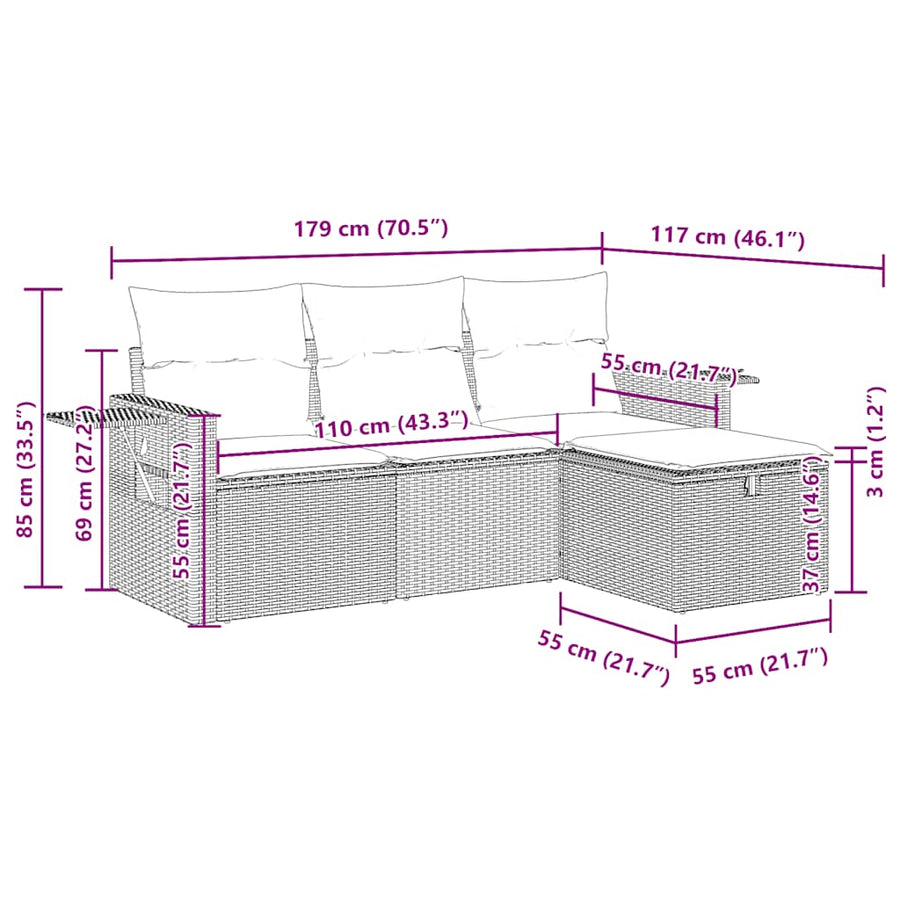 4-delige Loungeset met kussens poly rattan grijs