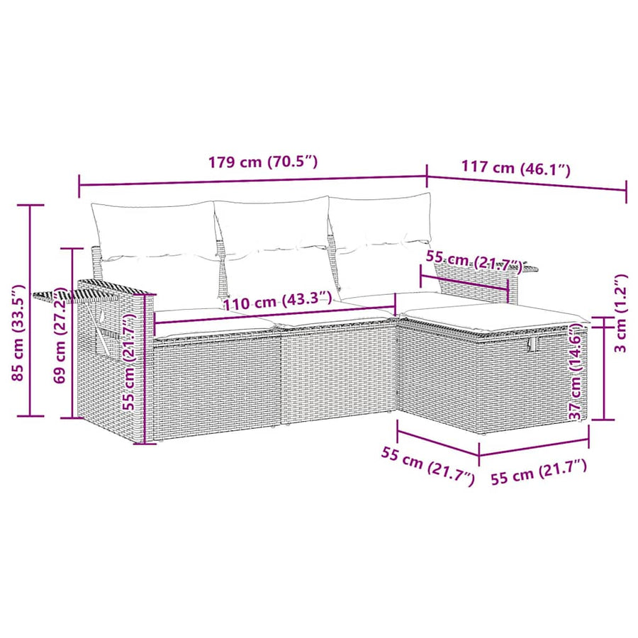 4-delige Loungeset met kussens poly rattan bruin