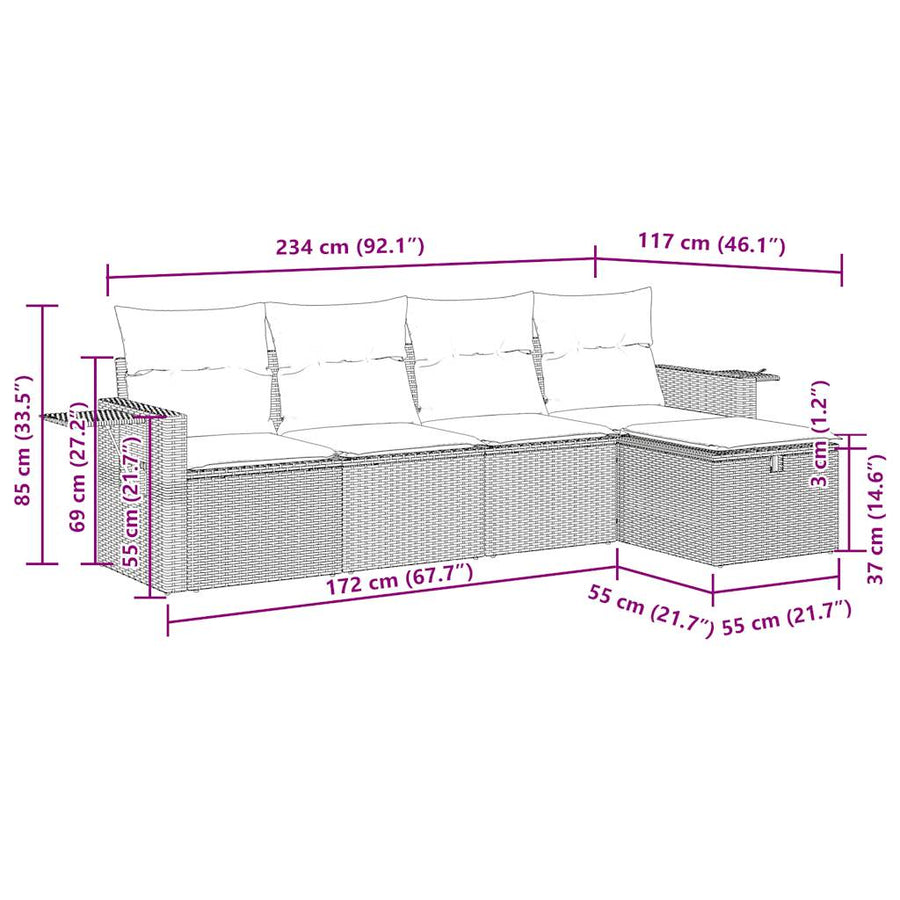 5-delige Loungeset met kussens poly rattan zwart