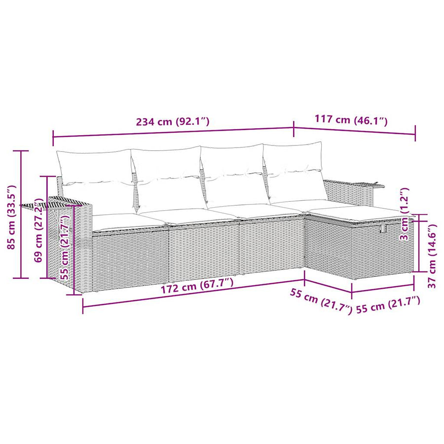 5-delige Loungeset met kussens poly rattan zwart