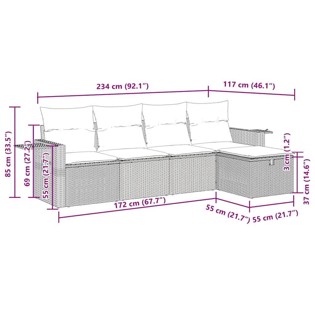 5-delige Loungeset met kussens poly rattan grijs