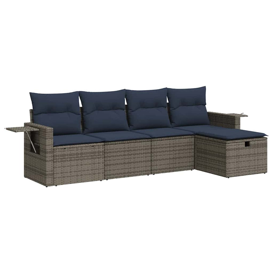 5-delige Loungeset met kussens poly rattan grijs