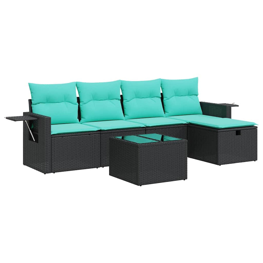 6-delige Loungeset met kussens poly rattan zwart