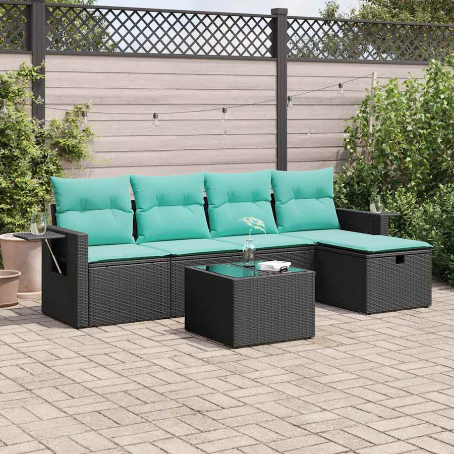 6-delige Loungeset met kussens poly rattan zwart