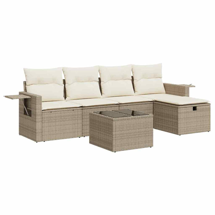 6-delige Loungeset met kussens poly rattan beige
