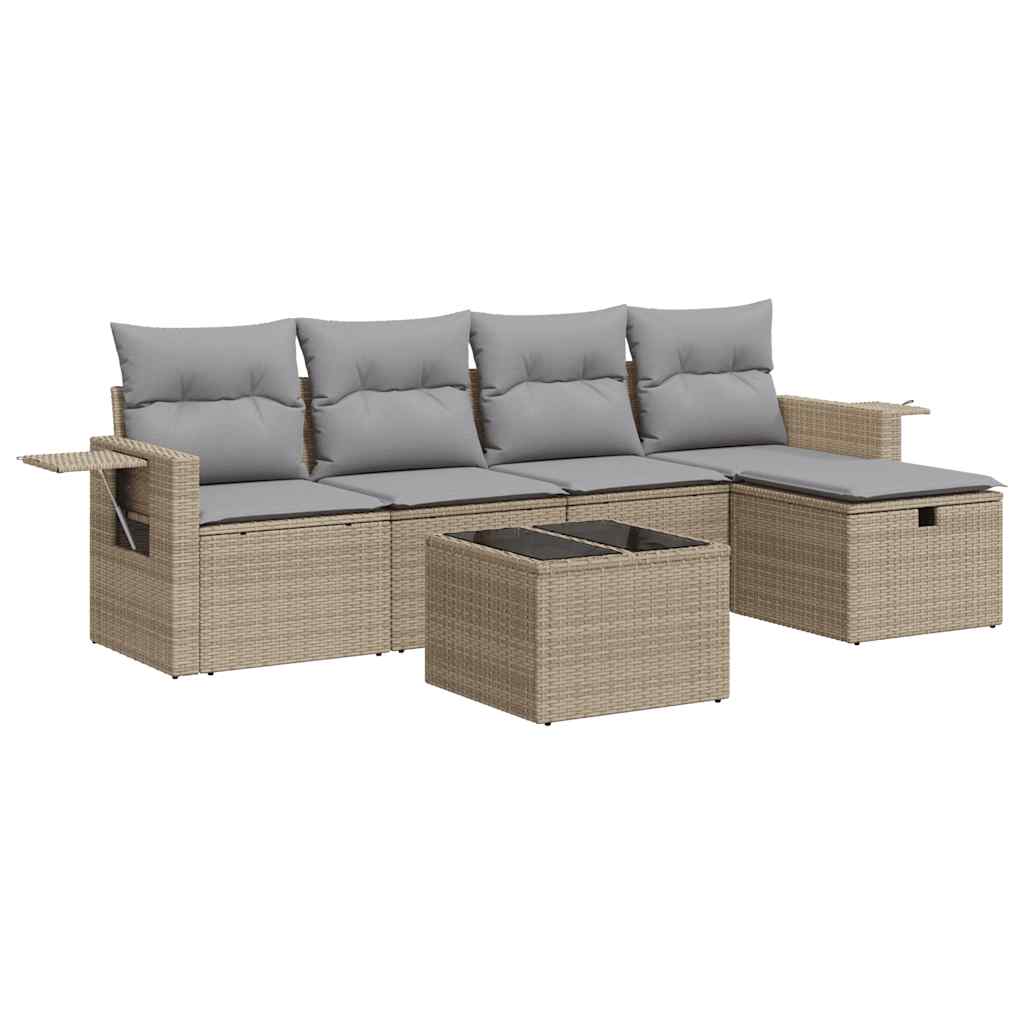 6-delige Loungeset met kussens poly rattan beige