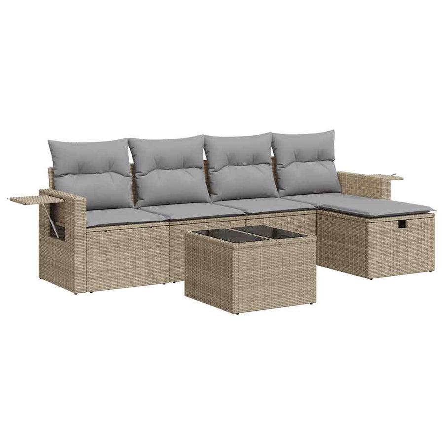 6-delige Loungeset met kussens poly rattan beige