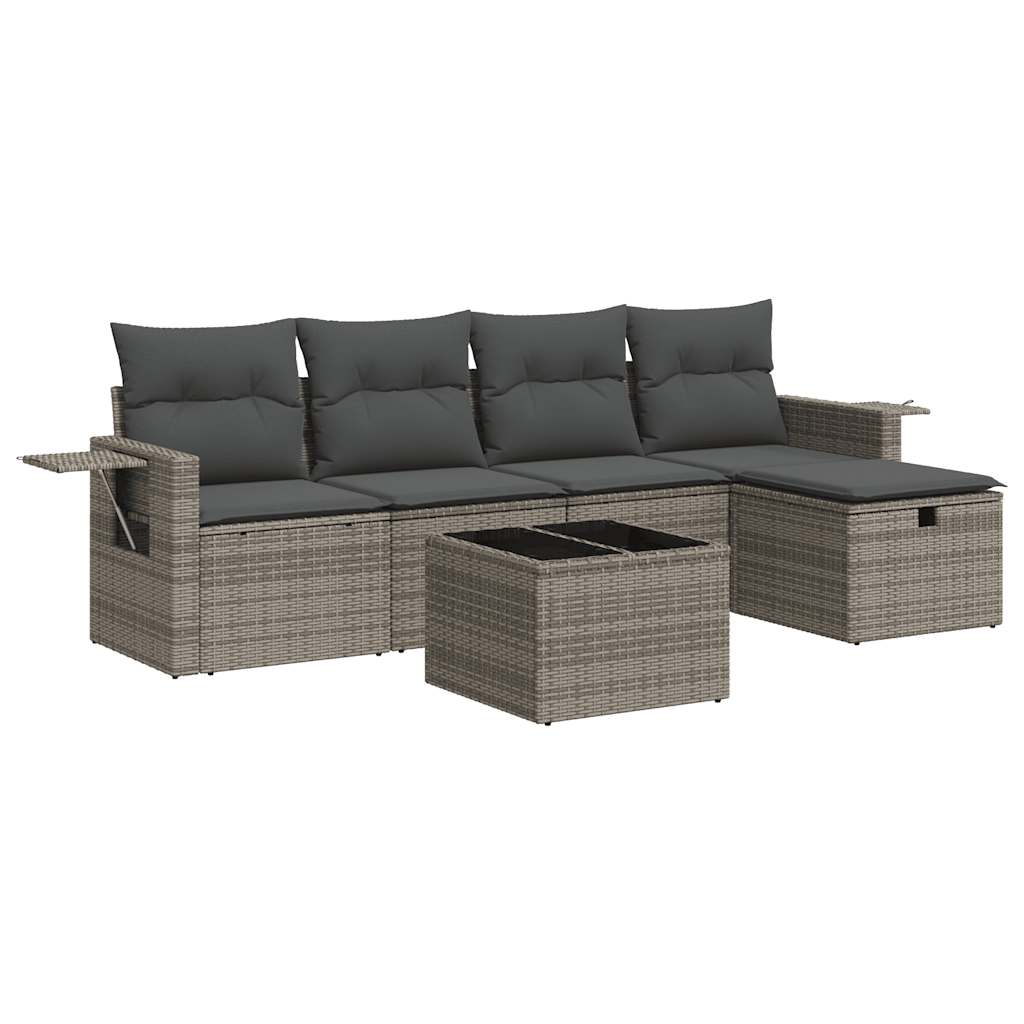 6-delige Loungeset met kussens poly rattan grijs