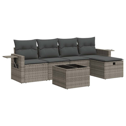 6-delige Loungeset met kussens poly rattan grijs
