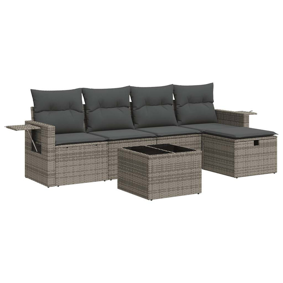 6-delige Loungeset met kussens poly rattan grijs