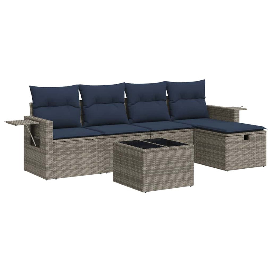 6-delige Loungeset met kussens poly rattan grijs