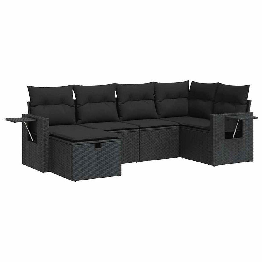 6-delige Loungeset met kussens poly rattan zwart