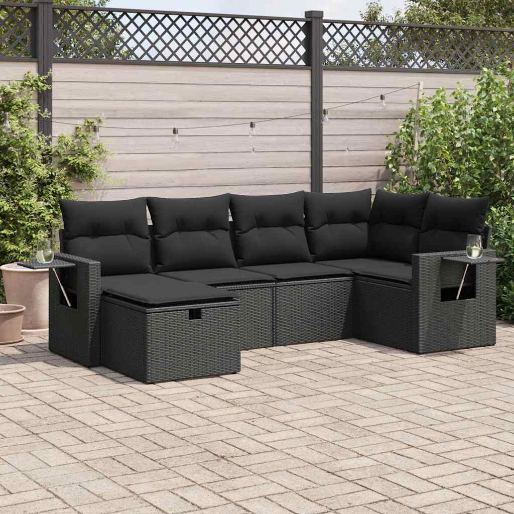 6-delige Loungeset met kussens poly rattan zwart