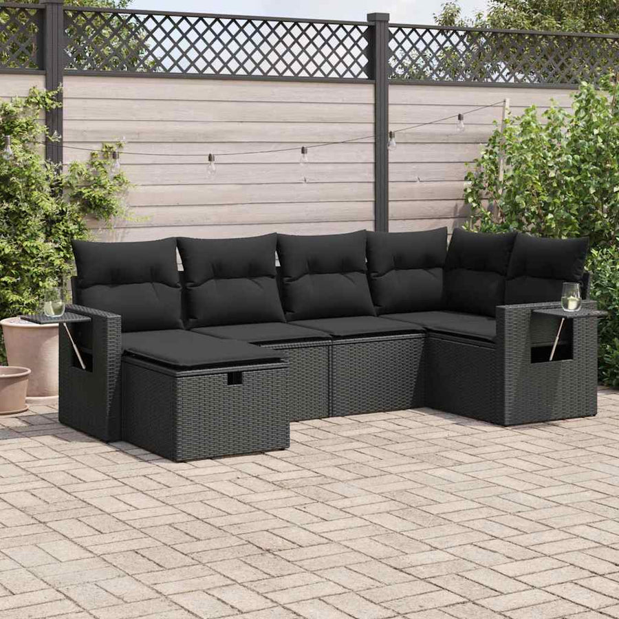 6-delige Loungeset met kussens poly rattan zwart