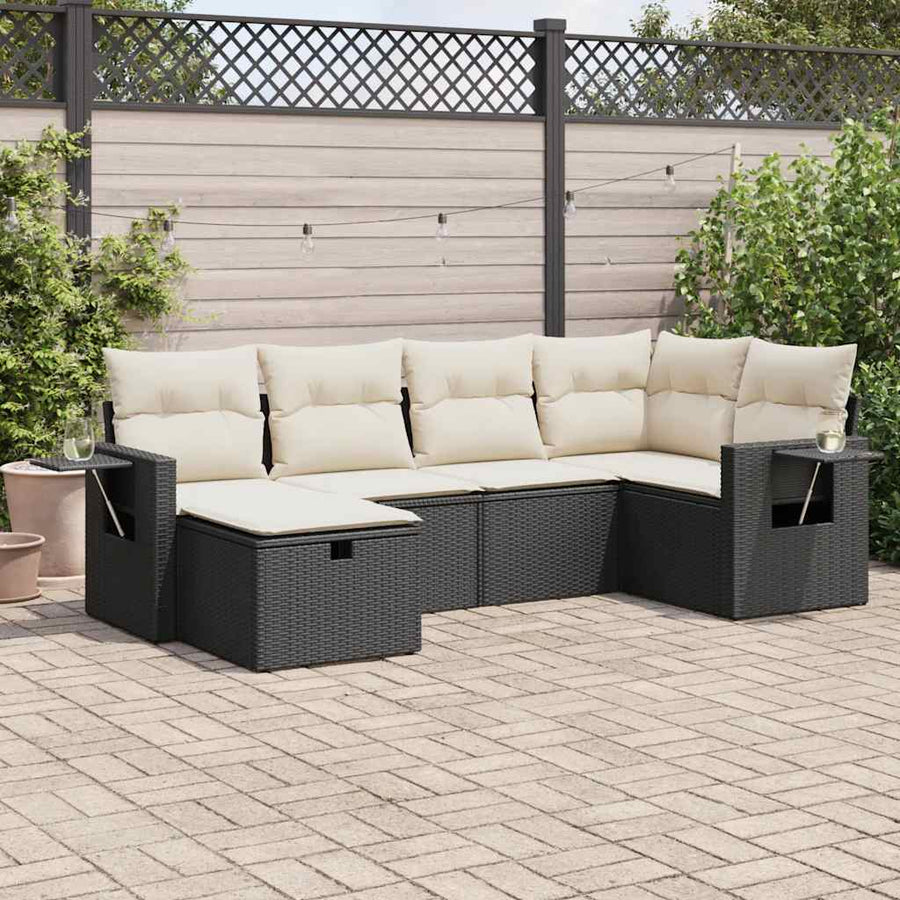 6-delige Loungeset met kussens poly rattan zwart