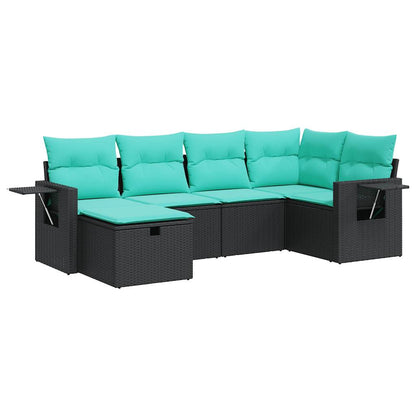 6-delige Loungeset met kussens poly rattan zwart