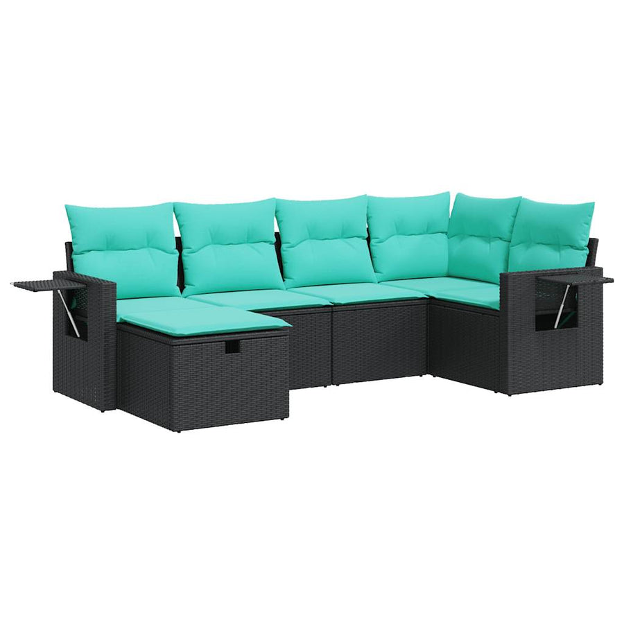 6-delige Loungeset met kussens poly rattan zwart