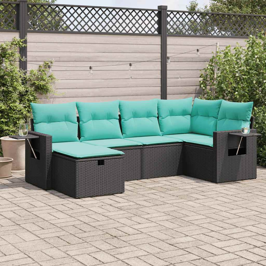 6-delige Loungeset met kussens poly rattan zwart