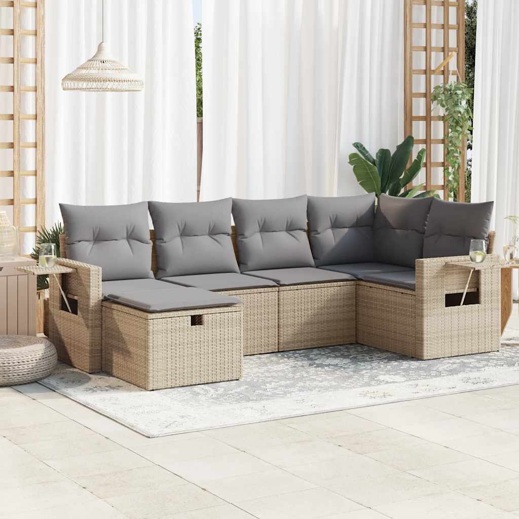 6-delige Loungeset met kussens poly rattan beige