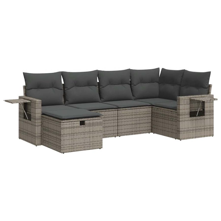 6-delige Loungeset met kussens poly rattan grijs