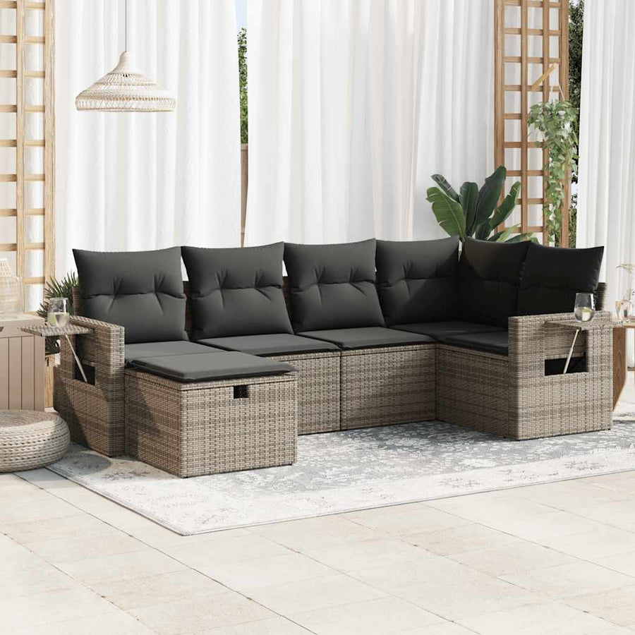 6-delige Loungeset met kussens poly rattan grijs