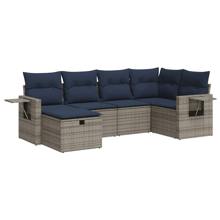 6-delige Loungeset met kussens poly rattan grijs