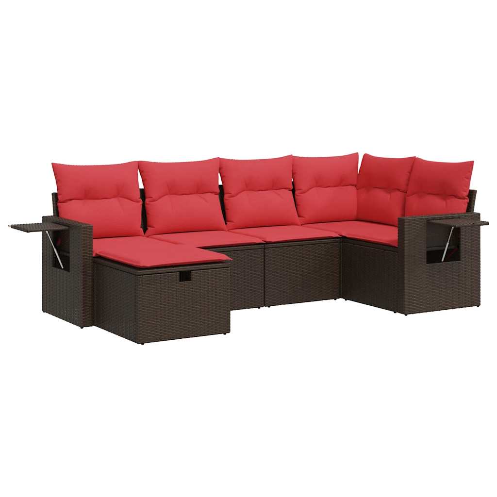 6-delige Loungeset met kussens poly rattan bruin