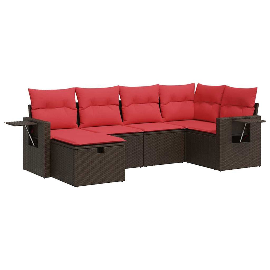 6-delige Loungeset met kussens poly rattan bruin