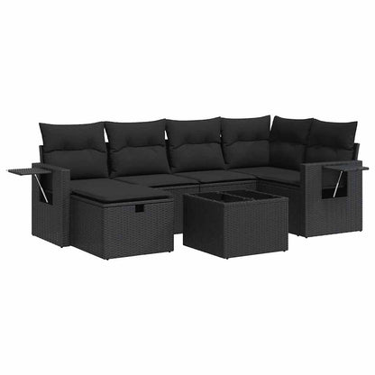 7-delige Loungeset met kussens poly rattan zwart