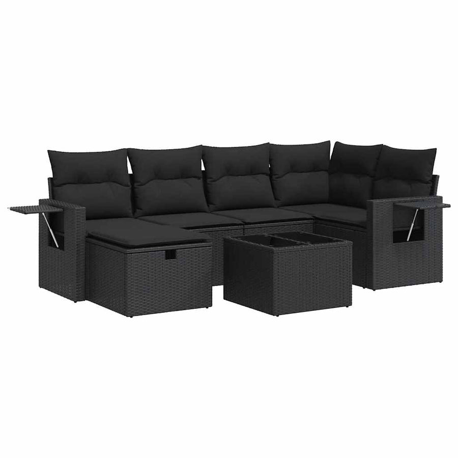 7-delige Loungeset met kussens poly rattan zwart