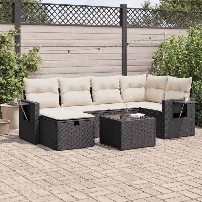 7-delige Loungeset met kussens poly rattan zwart