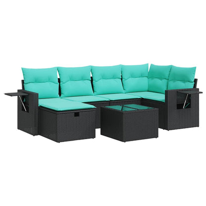 7-delige Loungeset met kussens poly rattan zwart