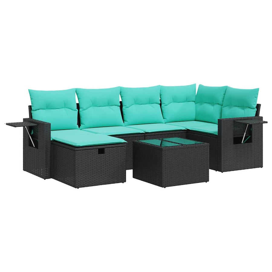 7-delige Loungeset met kussens poly rattan zwart