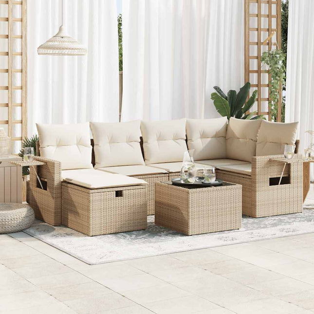 7-delige Loungeset met kussens poly rattan beige