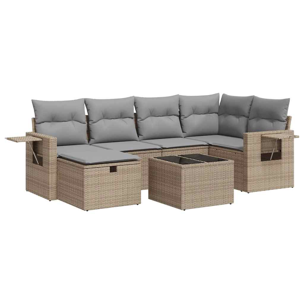 7-delige Loungeset met kussens poly rattan beige