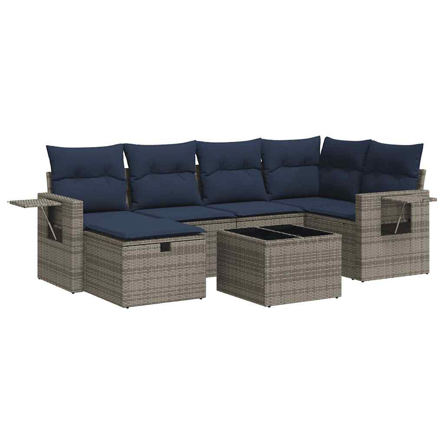 7-delige Loungeset met kussens poly rattan grijs