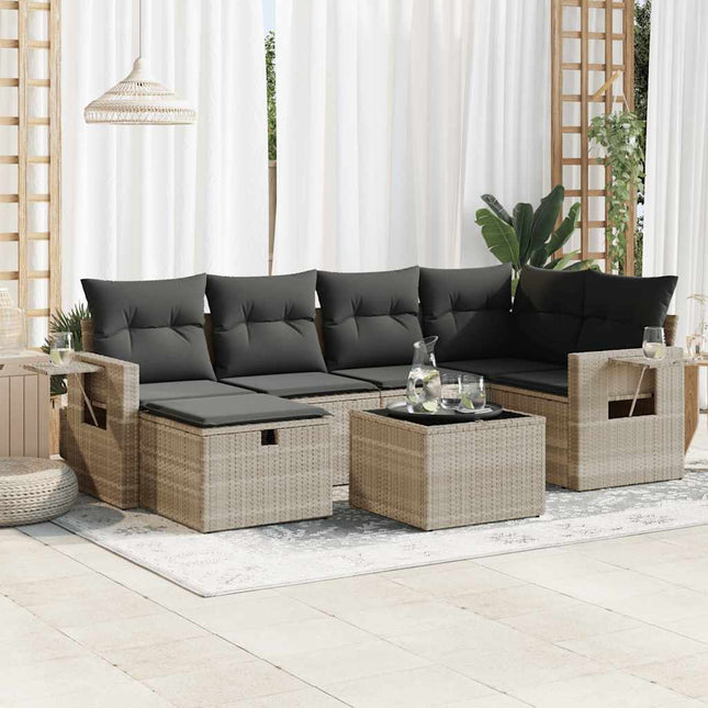 7-delige Loungeset met kussens poly rattan lichtgrijs