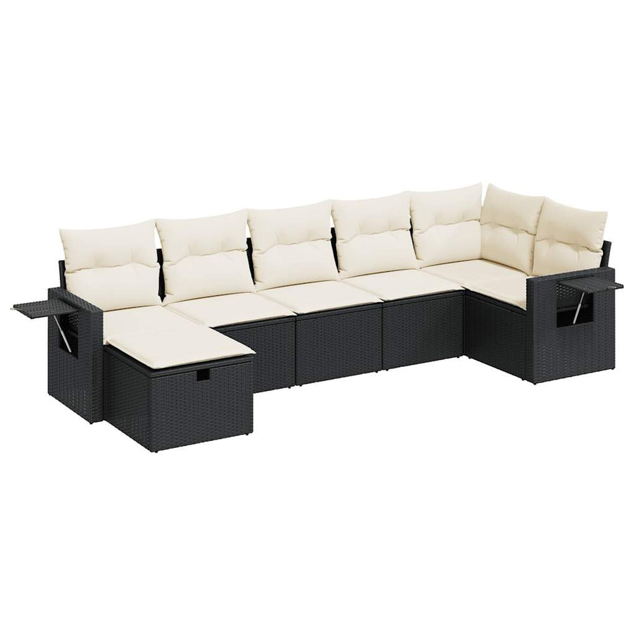 7-delige Loungeset met kussens poly rattan zwart