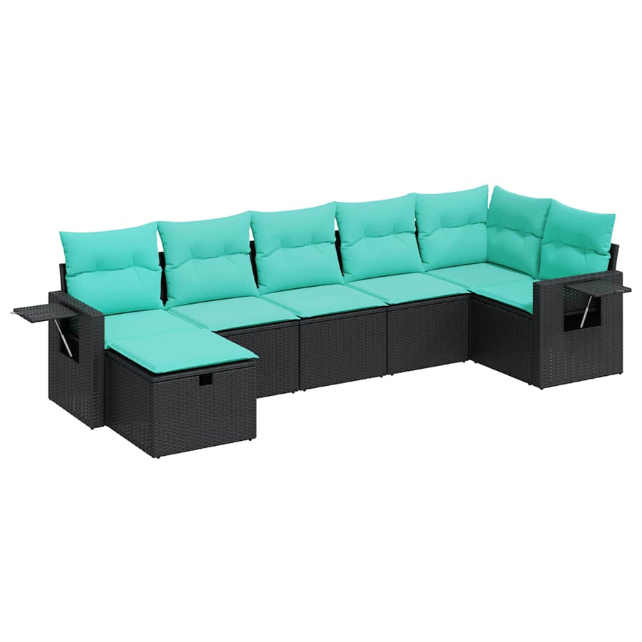 7-delige Loungeset met kussens poly rattan zwart