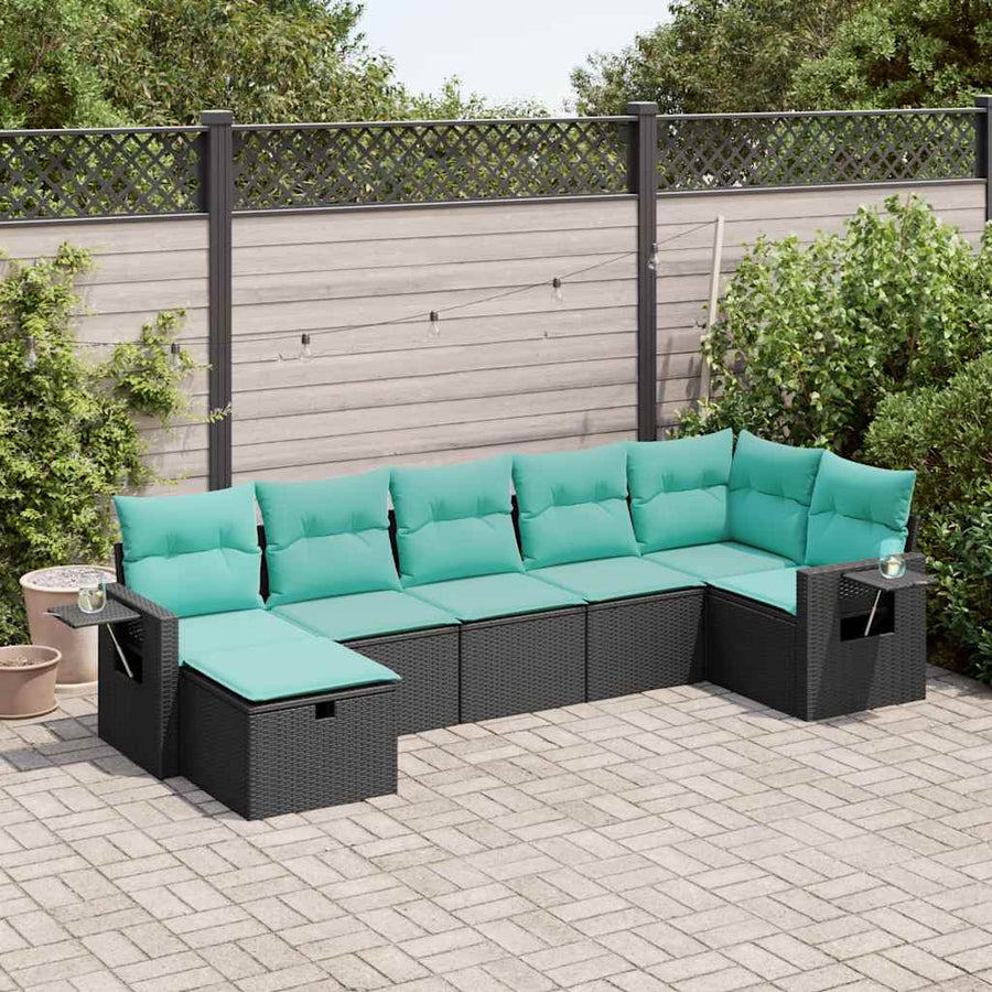 7-delige Loungeset met kussens poly rattan zwart