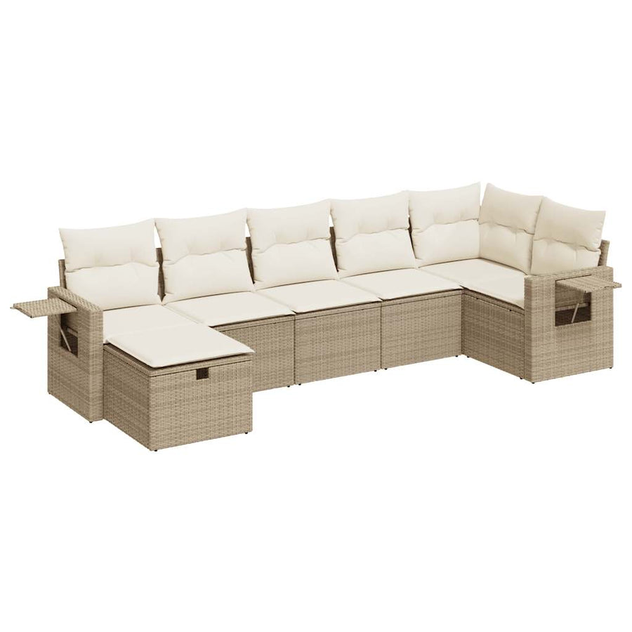 7-delige Loungeset met kussens poly rattan beige