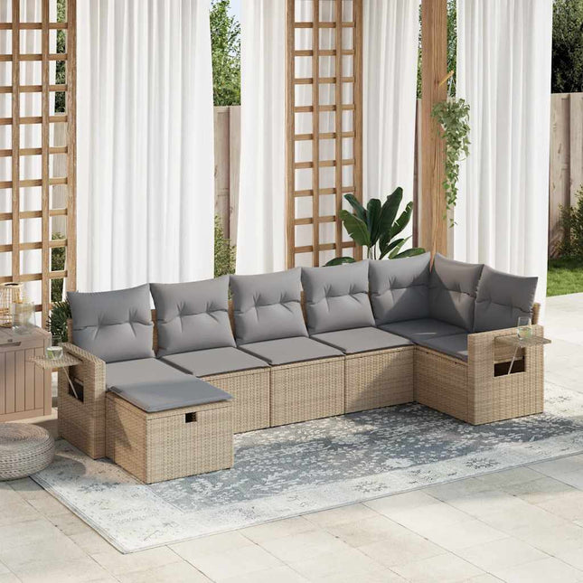 7-delige Loungeset met kussens poly rattan beige