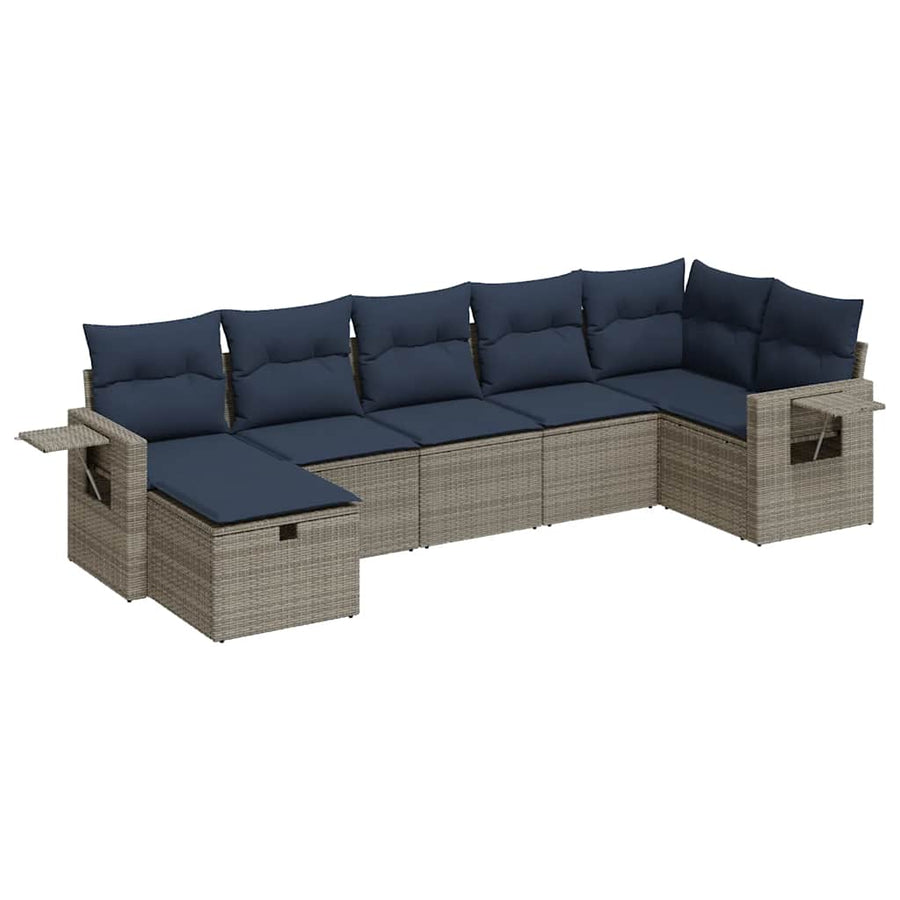7-delige Loungeset met kussens poly rattan grijs