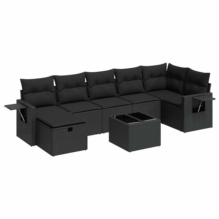 8-delige Loungeset met kussens poly rattan zwart
