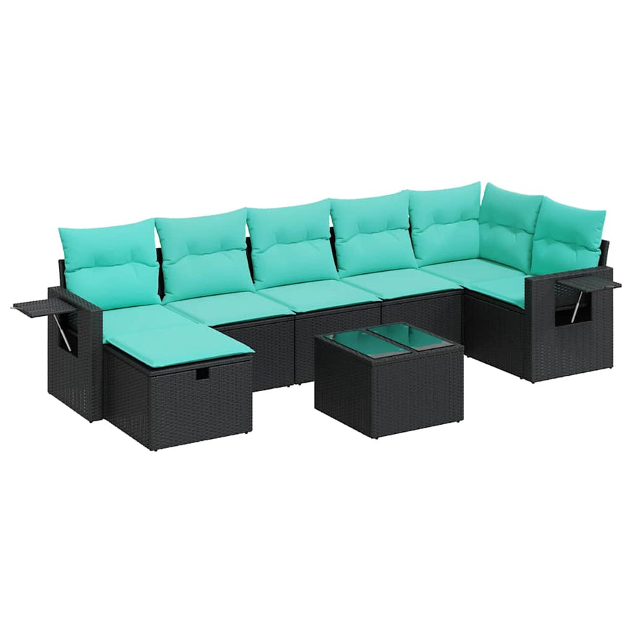 8-delige Loungeset met kussens poly rattan zwart