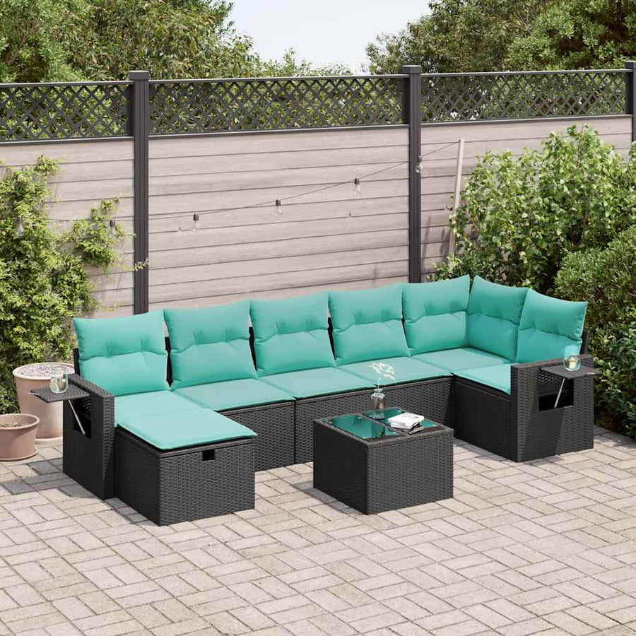 8-delige Loungeset met kussens poly rattan zwart