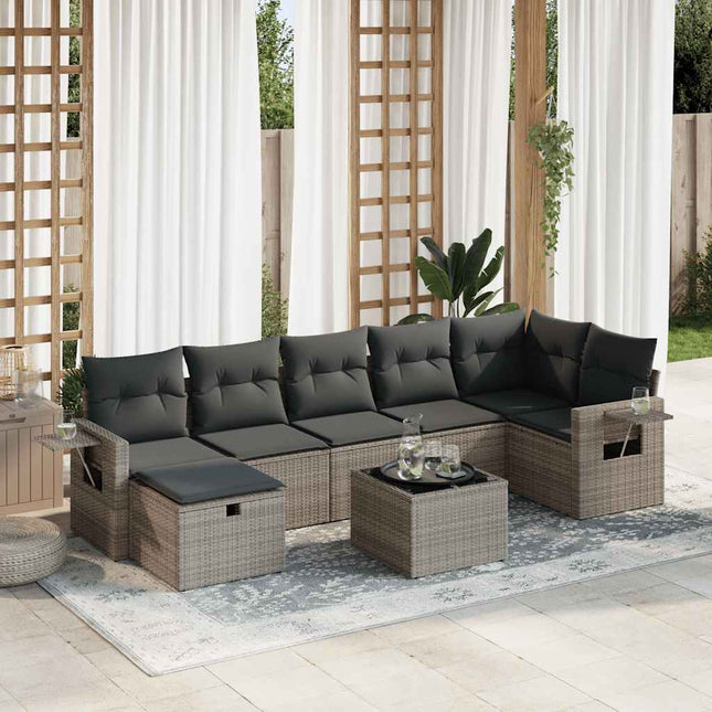 8-delige Loungeset met kussens poly rattan grijs