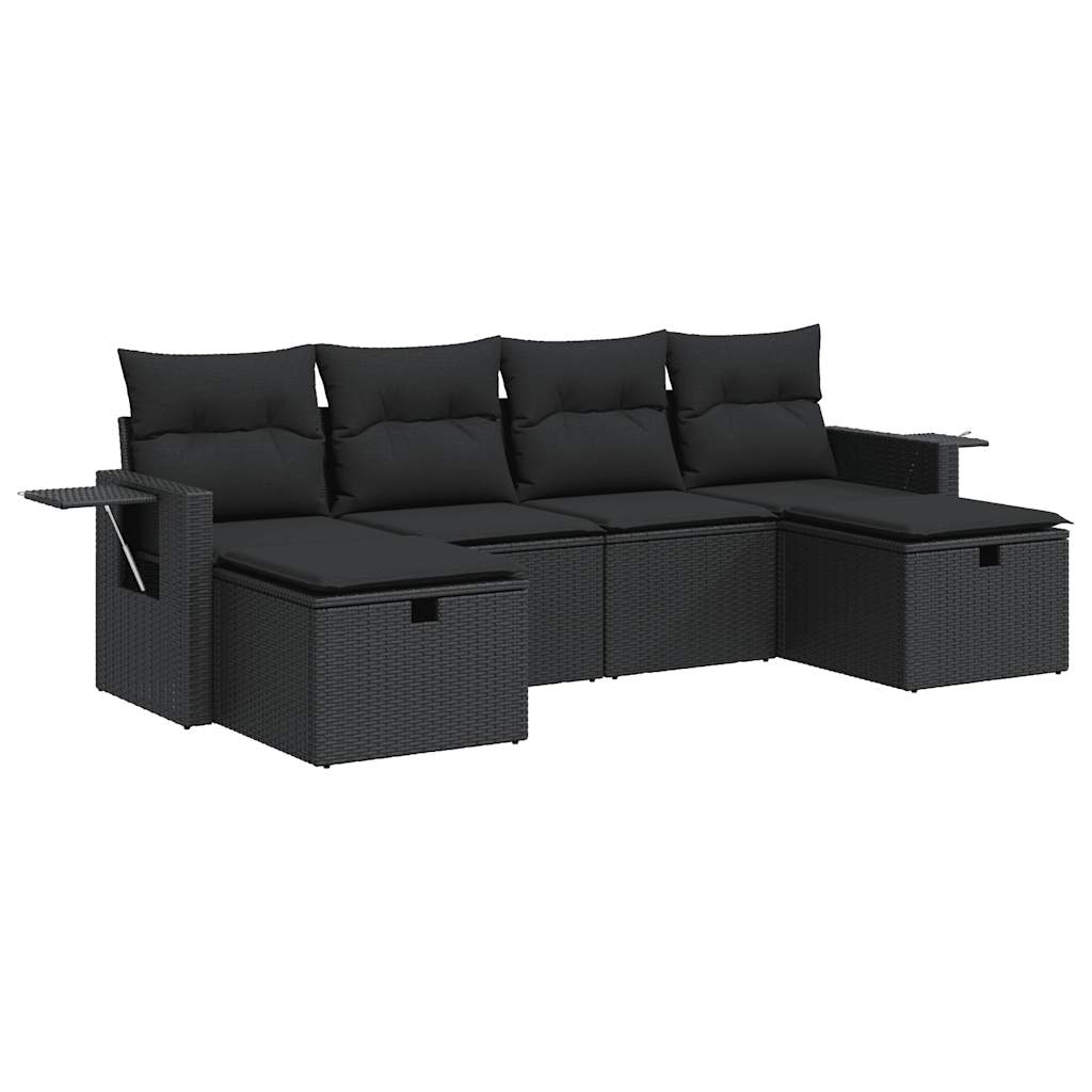6-delige Loungeset met kussens poly rattan zwart