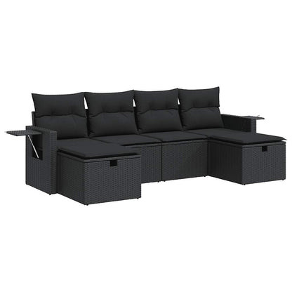 6-delige Loungeset met kussens poly rattan zwart