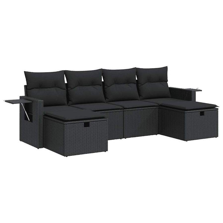 6-delige Loungeset met kussens poly rattan zwart